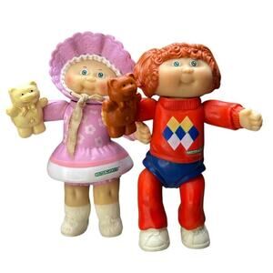 Vtg 80s Cabbage Patch Kids Action Figure Lot of 2 Baby Teddy Bear Preppy Argyle